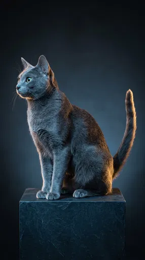Grey Cat Sitting on Dark Slate Pedestal