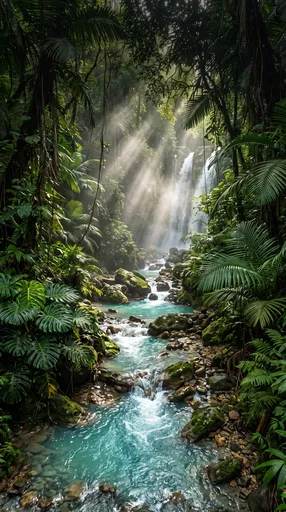 Tropical Jungle Waterfall and Turquoise Creek