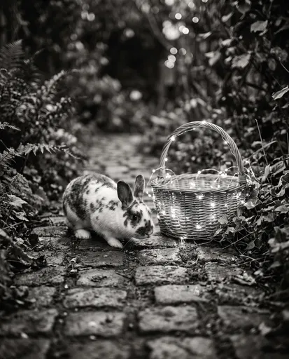 Spotted Rabbit Next to Illuminated Wicker Basket