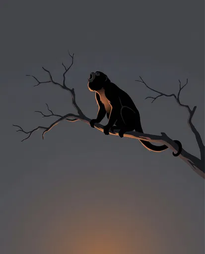 Howler Monkey Silhouette on Branch at Night