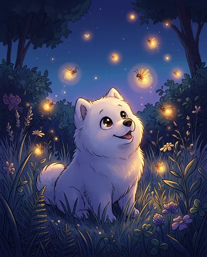 White Puppy Watching Glowing Fireflies at Night