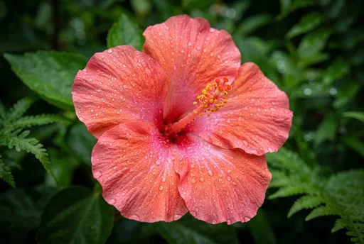 Coral Pink Hibiscus Flower With Raindrops