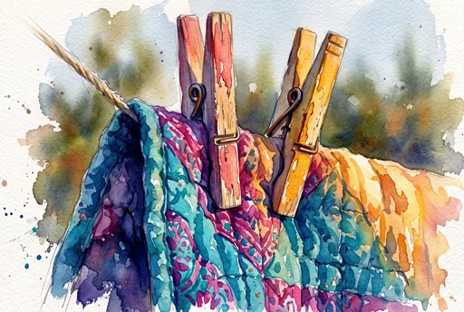 Watercolor Clothespins Holding Colorful Quilt