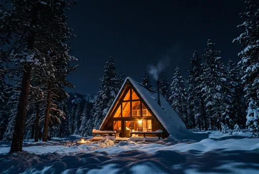 Glowing A-Frame Cabin in Snowy Night Forest
