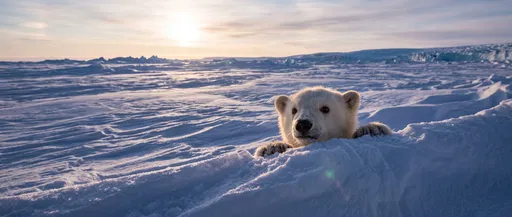 Polar Bear Cub Peeking Over Snowdrift
