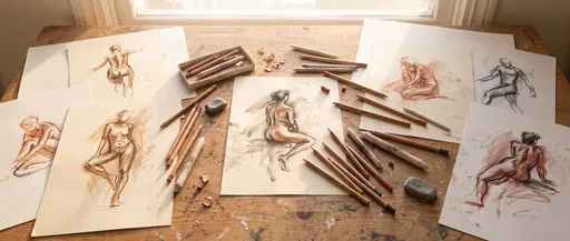 Sunlit Artist Desk With Figure Sketches