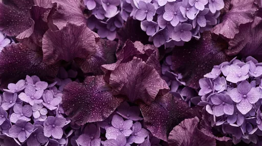 Dewy Purple Iris and Hydrangea Background