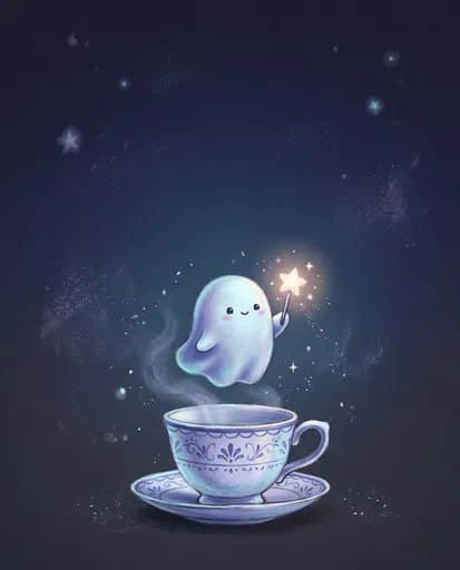 Cute Ghost Floating Over Teacup