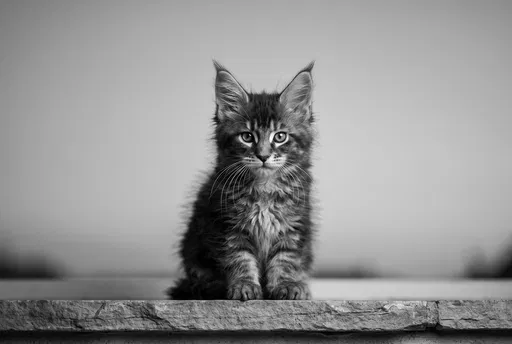 Monochrome Maine Coon Kitten on Stone Ledge