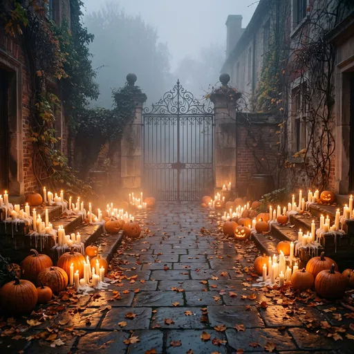Foggy Courtyard With Pumpkins and Candles