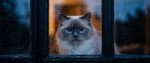 Ragdoll Cat Behind Rainy Window