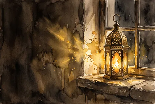 Glowing Watercolor Fanoos Lantern on Windowsill