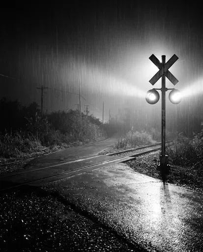 Rainy Night Railway Crossing in Monochrome