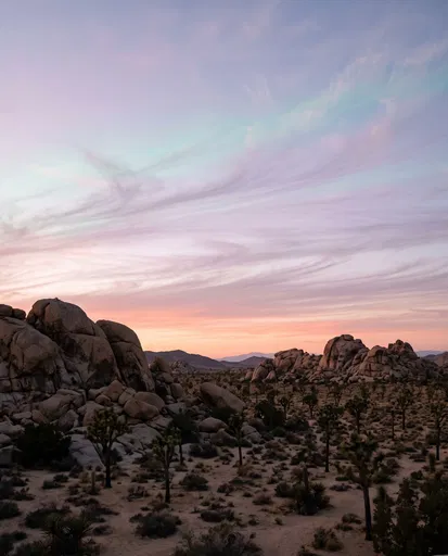 Desert Boulders and Yucca Trees at Sunset