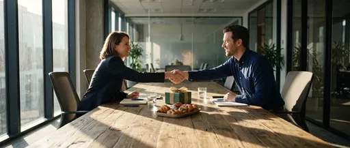 Colleagues Shaking Hands Over Gift Box
