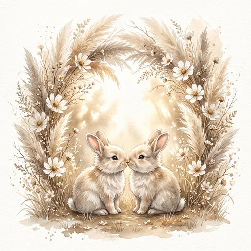 Watercolor Bunnies Beneath Pampas Grass Arch