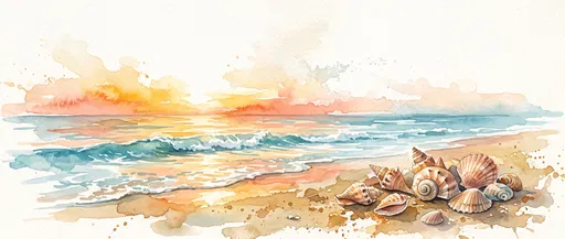 Watercolor Beach Sunrise With Seashells