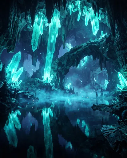 Glowing Aquamarine Crystal Cavern Lake