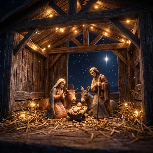 Wooden Nativity Figurines in Rustic Illuminated Stable