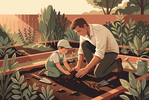 Father and Son Planting Sapling Illustration