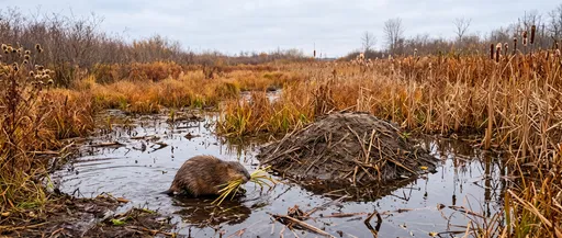 Muskrat Carrying Stems Near Mud Lodge