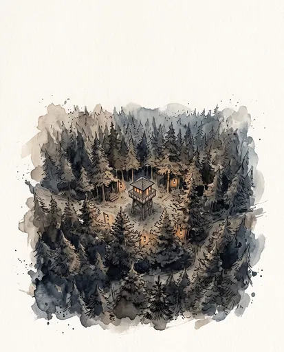 Forest Lookout Tower Ink Wash Illustration