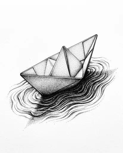 Stippled Ink Origami Paper Boat Illustration