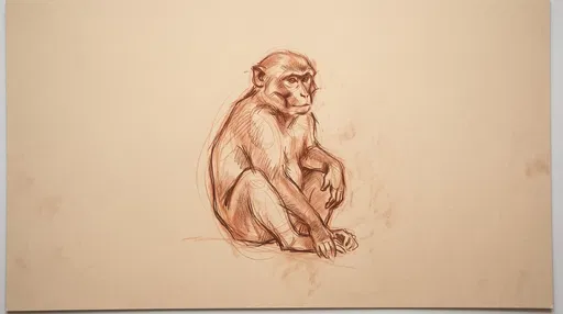 Sanguine Chalk Sketch of Sitting Monkey