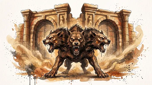 Watercolor Illustration of Three-Headed Cerberus