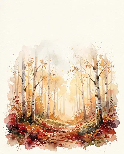 Watercolor Autumn Birch Forest Trail Illustration