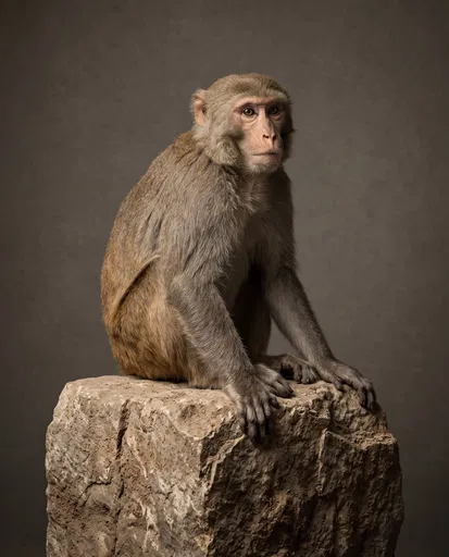 Studio Portrait of Rhesus Monkey on Stone