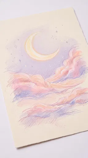 Pastel Crescent Moon and Clouds Drawing