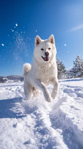 White Akita Dog Leaping Through Snow