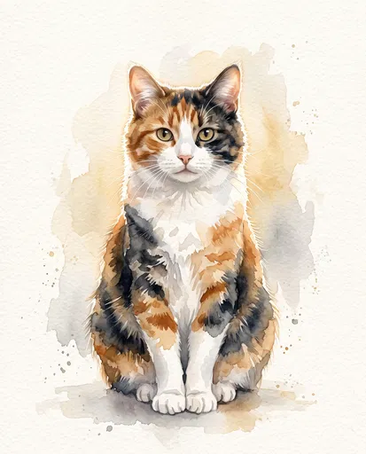 Watercolor Illustration of Sitting Calico Cat