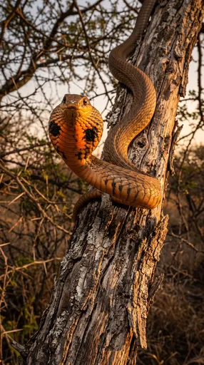 Venomous Snake Rearing on Tree Trunk