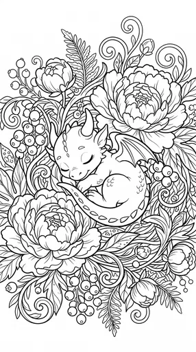 Sleeping Baby Dragon Floral Coloring Page