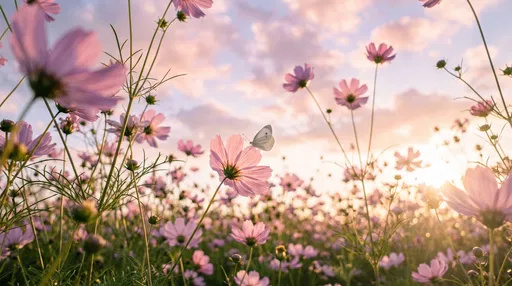 White Butterfly on Pink Cosmos at Sunset
