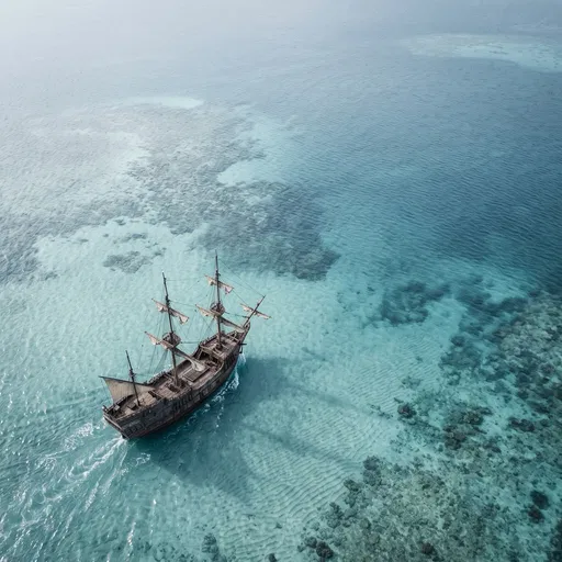 Aerial View of Wooden Galleon in Lagoon