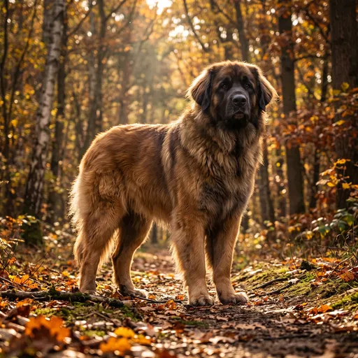Leonberger Dog Standing in Autumn Forest