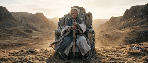 Older Ruler on Stone Throne with Sword