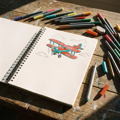 Biplane Marker Drawing in Open Sketchbook