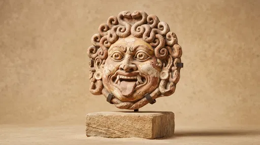 Ancient Terracotta Gorgoneion Mask on Plinth