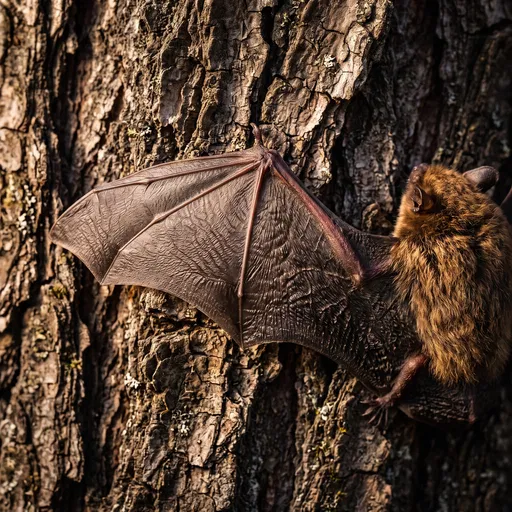 Brown Microbat With Outstretched Wing on Bark