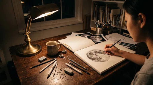 Woman Sketching Moon at Night Desk