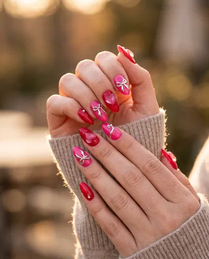 Red and Pink Heart Manicure Close-Up