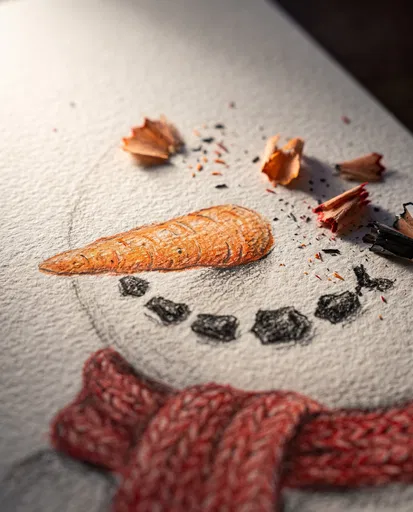 Macro Colored Pencil Drawing of a Snowman