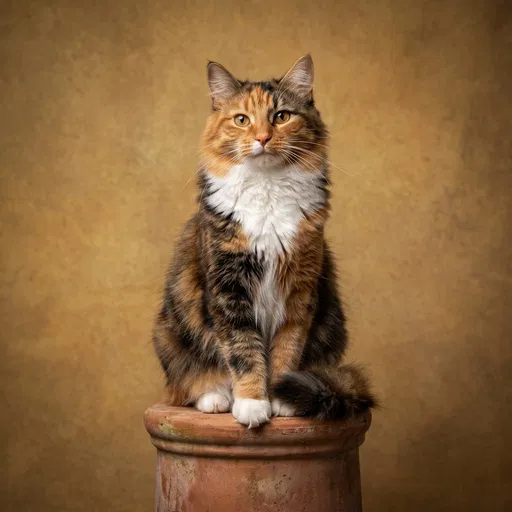 Calico Cat on Terracotta Pedestal