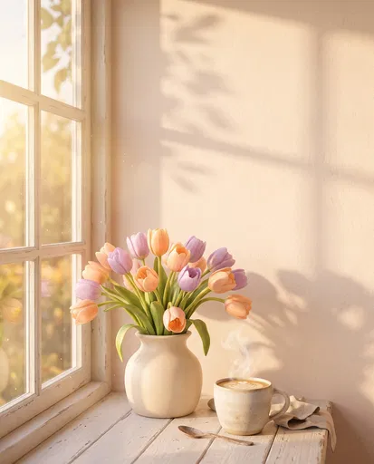 Pastel Tulips and Latte by Window