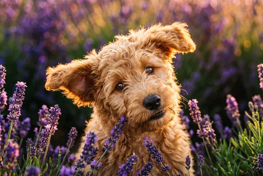 Goldendoodle Puppy in Lavender Field