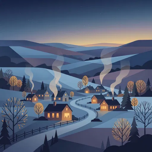 Minimalist Countryside Village at Blue Hour
